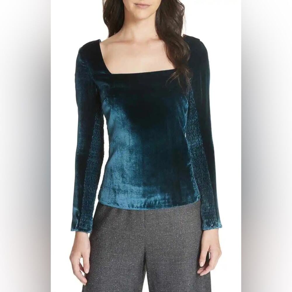 Rebecca Taylor Velvet Smocked Long Sleeve Top Silk Storm Green Blue NWT Size 2